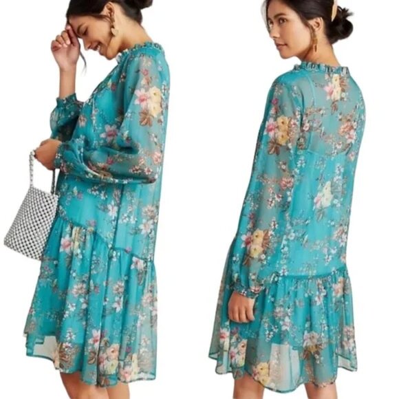 Anthropologie Maeve Emmy Teal Green Floral Tunic Dress S Sheer Chiffon Slip $158 - Picture 3 of 16